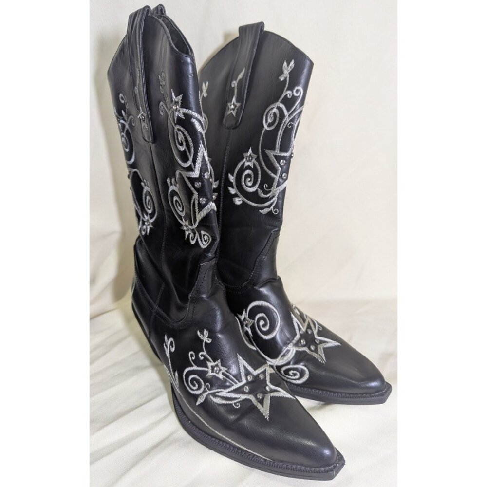Roper Black White Floral Embroidered Western Leather Boots Womens 8